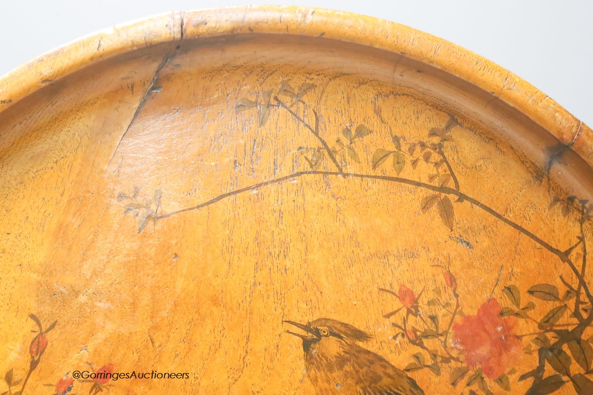 A large Japanese elm charger, painted with songbirds and flowers in the Japanese taste, diameter 51cm